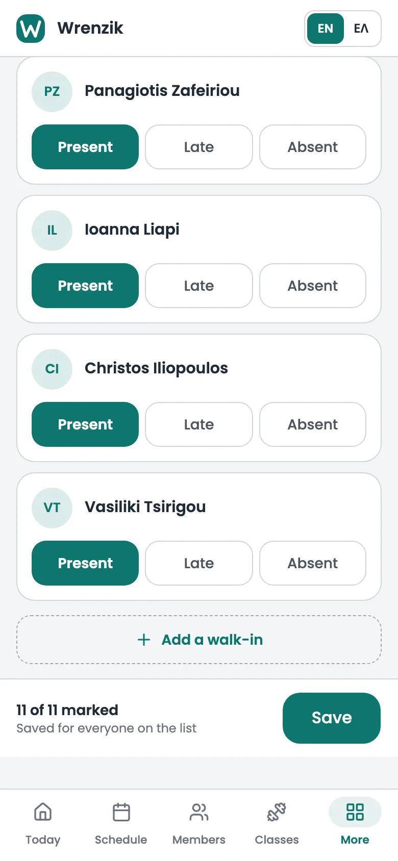 A trainer’s check-in sheet on a phone: every booked member marked present with one tap