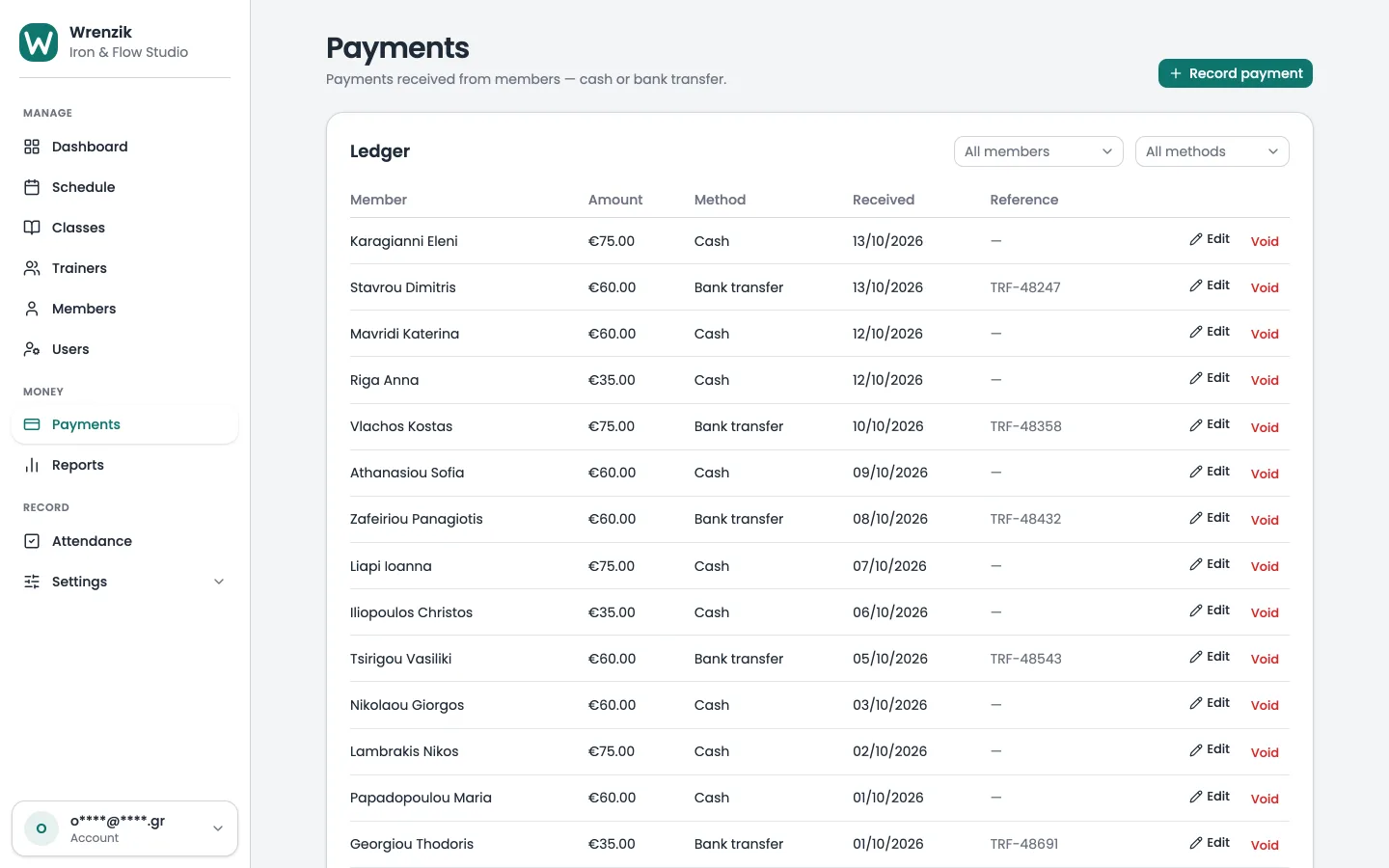 The payments list on a laptop: member, package, amount, method and date for each payment this month