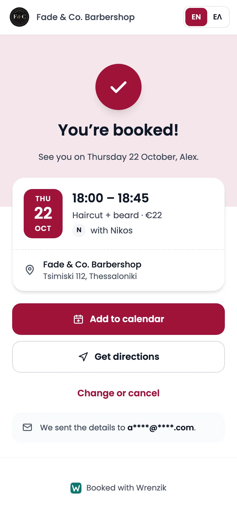 The booking confirmation ticket: date, time, service, price and barber, with add-to-calendar and directions buttons