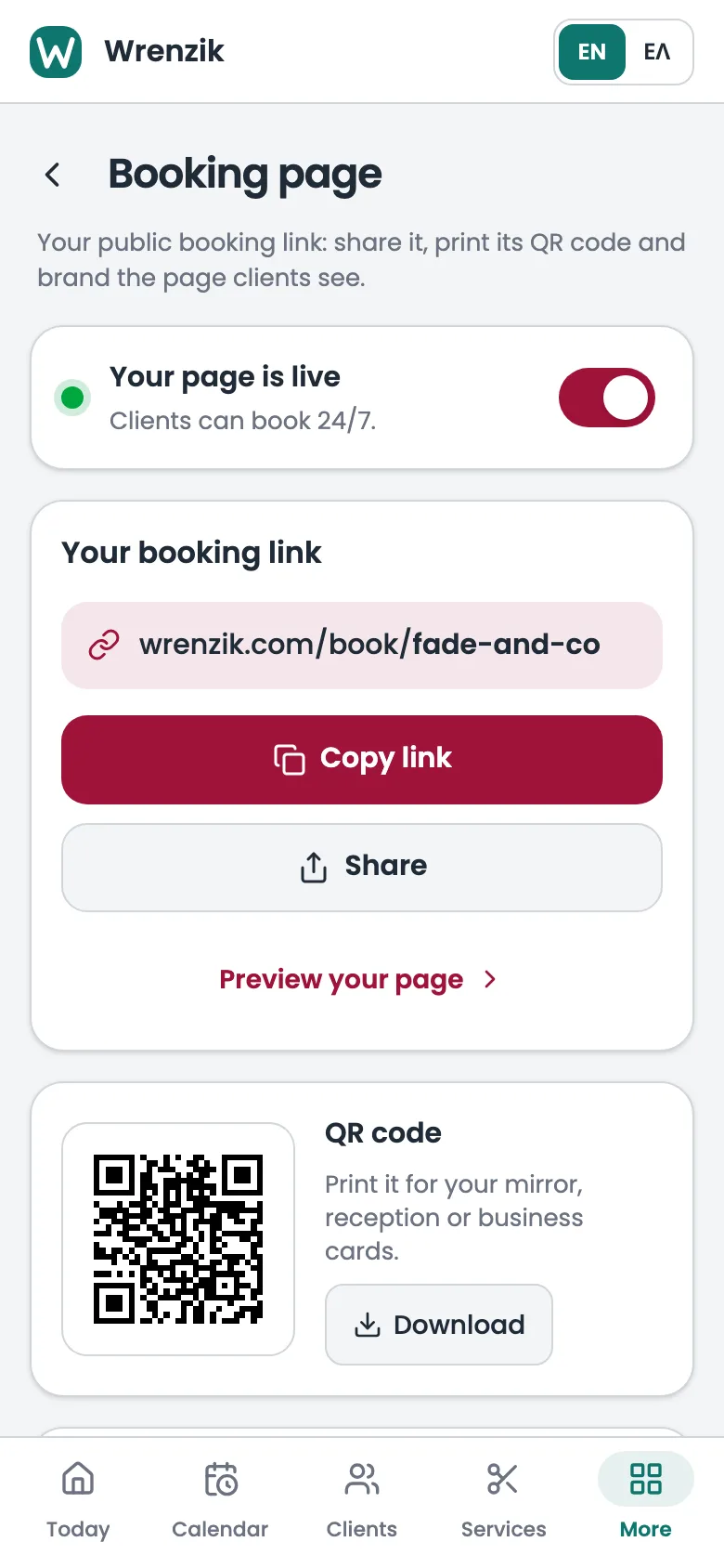 The booking page settings on a phone: the shop’s booking link with copy and share buttons and a QR code