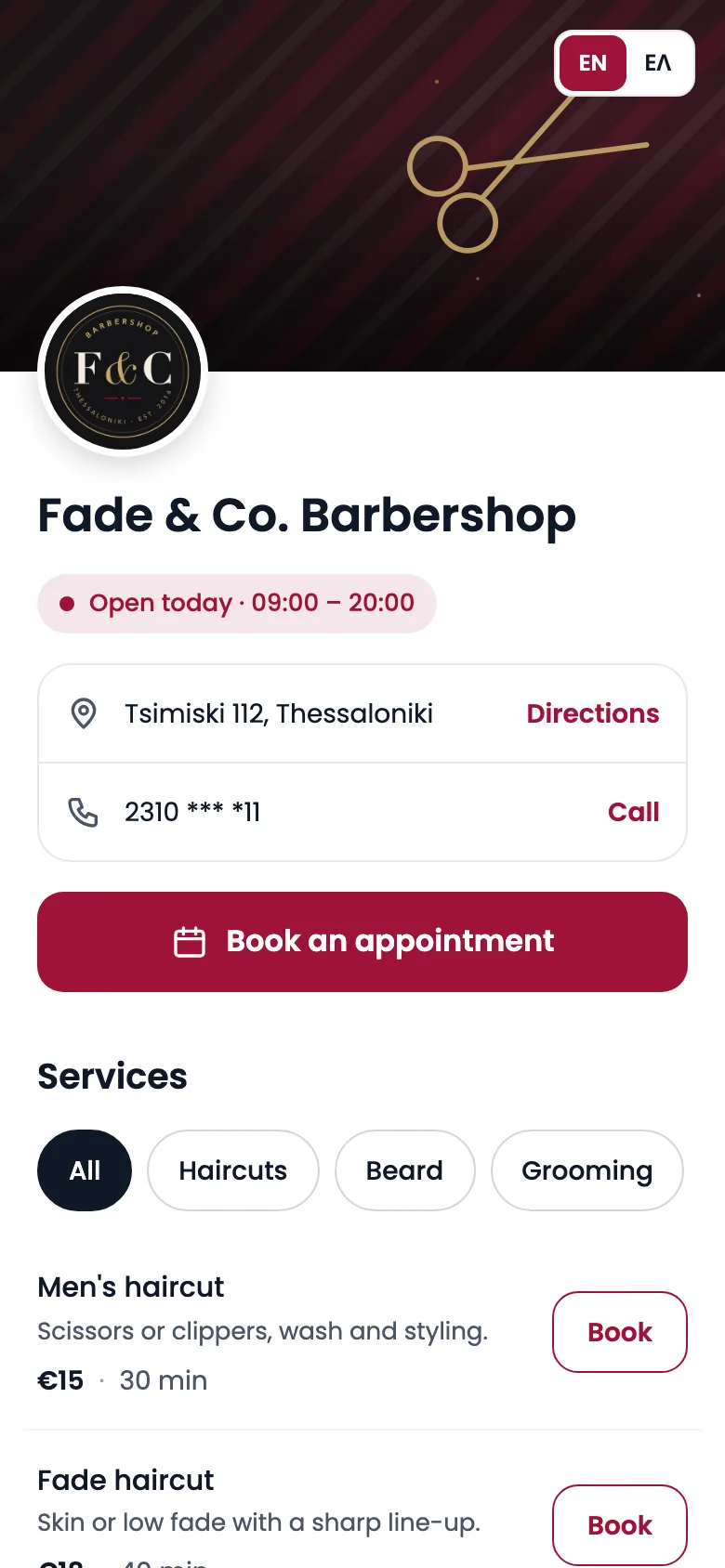 The online booking page of a barbershop on a phone: cover photo, opening hours, address and a Book appointment button