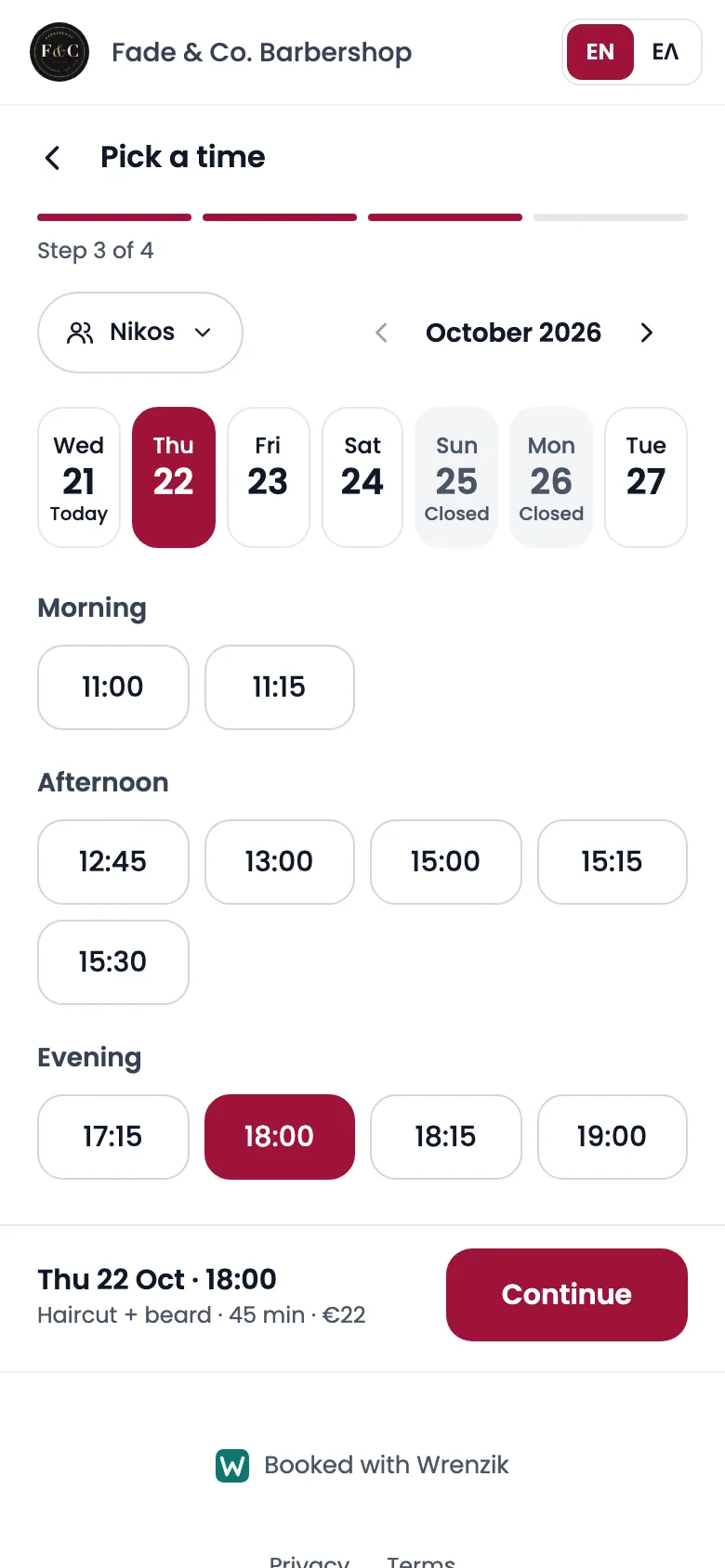 Choosing a day and a time on the booking page: a week strip with Thursday selected and 18:00 picked